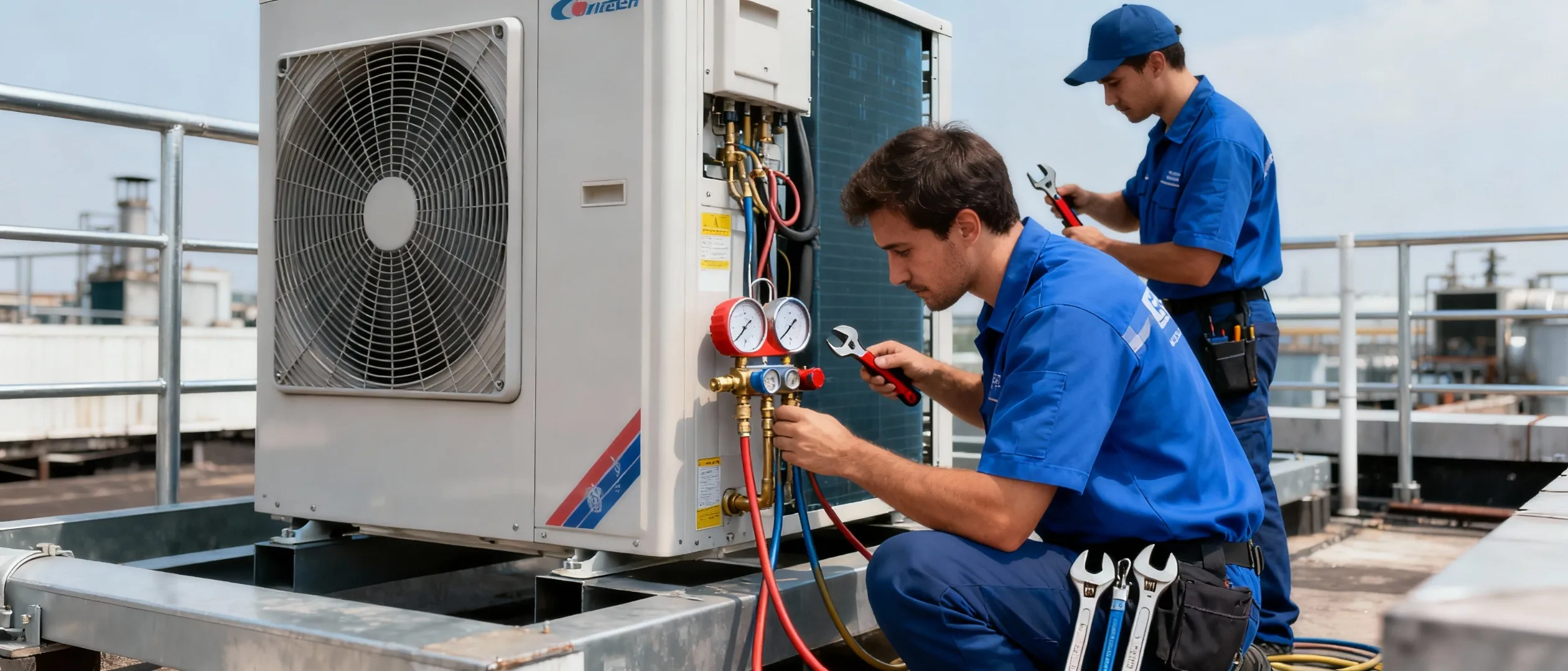 Hi-Tech Aircool Engineers technicians repairing commercial AC system in Vadodara