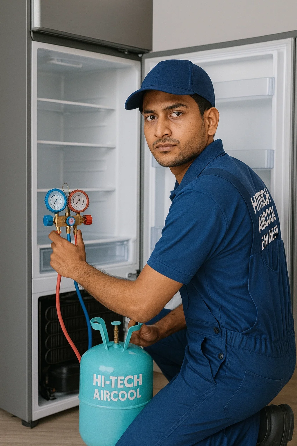 Refrigerant gas charging service for refrigerators - professional technician adding refrigerant